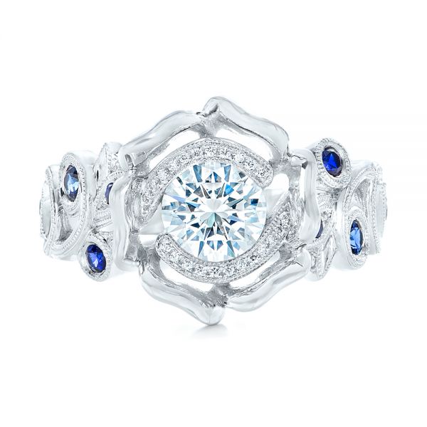  Platinum Platinum Organic Flower Halo Diamond And Blue Sapphire Engagement Ring - Top View -  102115