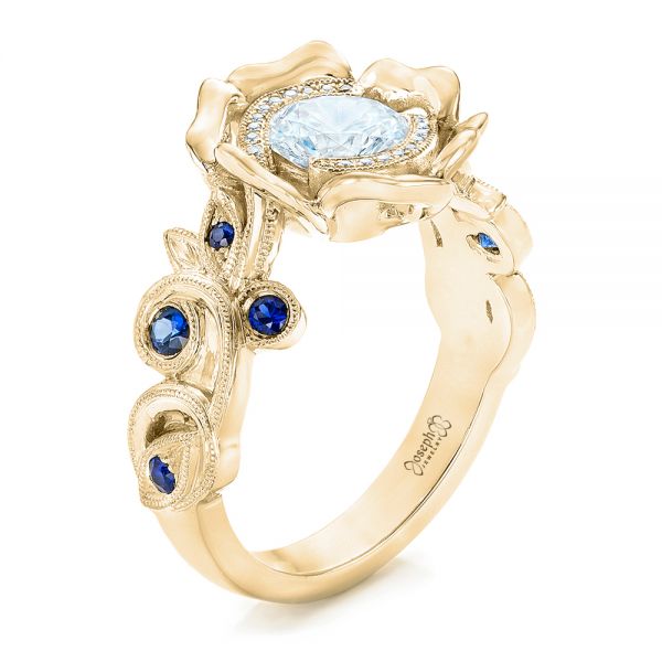 18k Yellow Gold 18k Yellow Gold Organic Flower Halo Diamond And Blue Sapphire Engagement Ring - Three-Quarter View - 102115