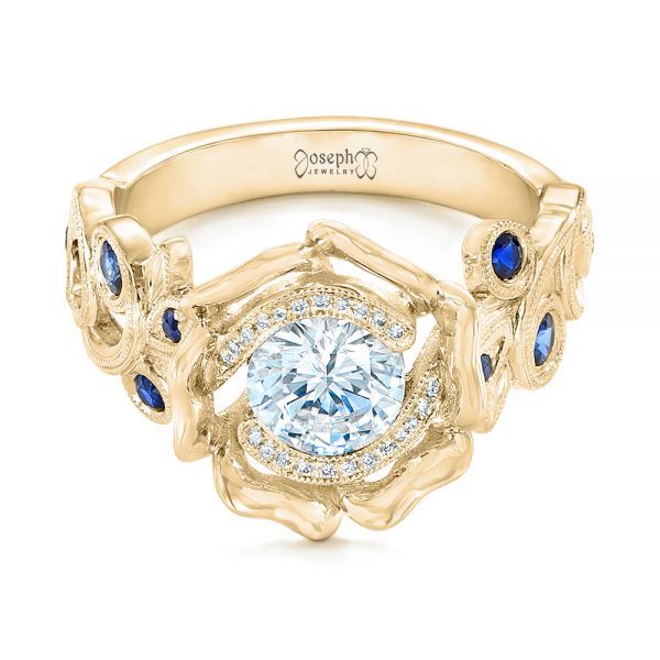 18k Yellow Gold 18k Yellow Gold Organic Flower Halo Diamond And Blue Sapphire Engagement Ring - Flat View -  102115