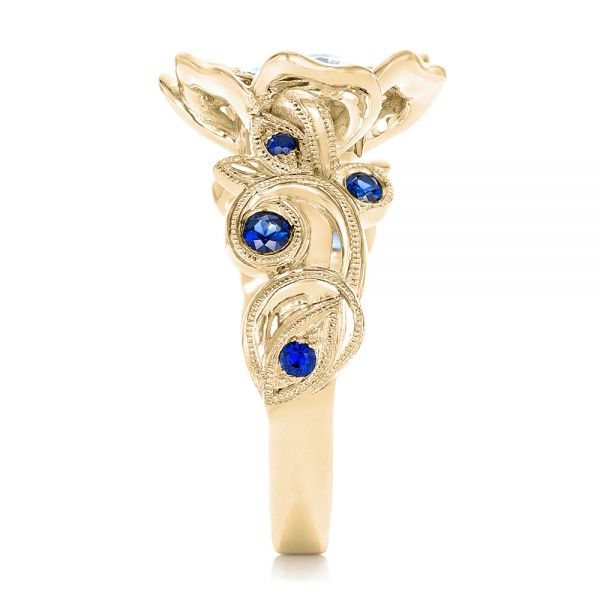 14k Yellow Gold 14k Yellow Gold Organic Flower Halo Diamond And Blue Sapphire Engagement Ring - Side View -  102115