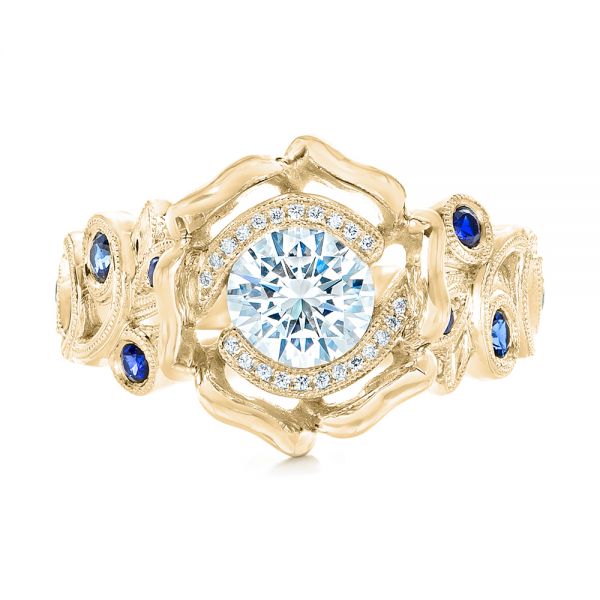 14k Yellow Gold 14k Yellow Gold Organic Flower Halo Diamond And Blue Sapphire Engagement Ring - Top View -  102115