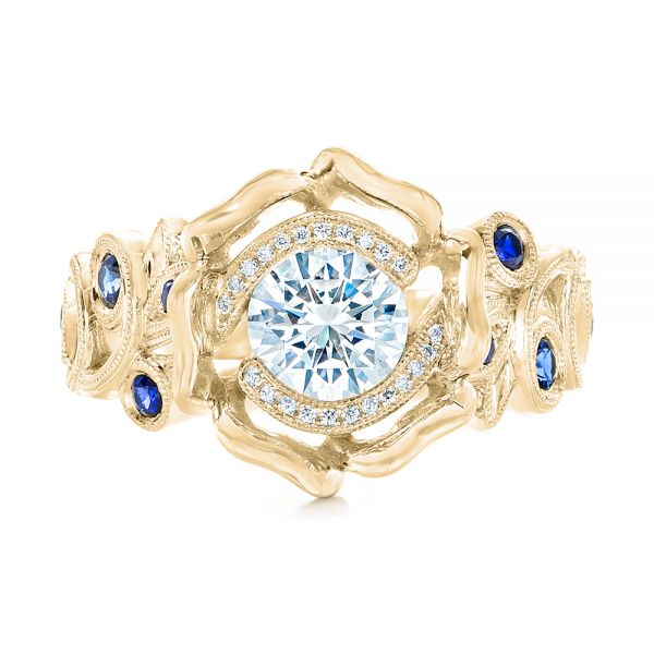 18k Yellow Gold 18k Yellow Gold Organic Flower Halo Diamond And Blue Sapphire Engagement Ring - Top View - 102115