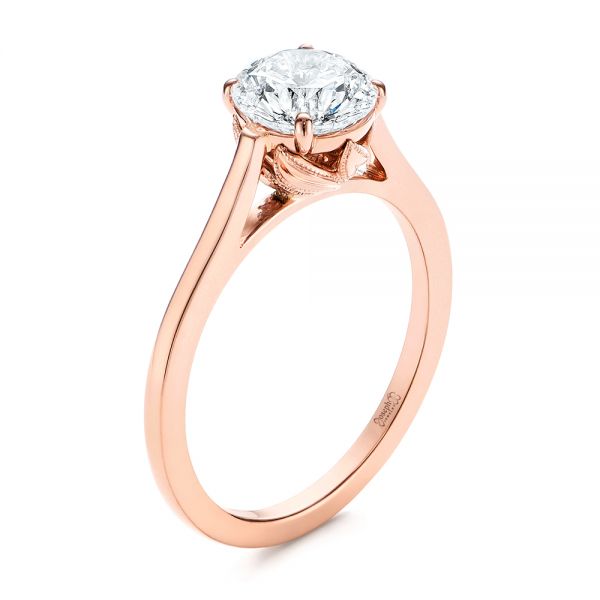 18k Rose Gold Organic Leaf Solitaire Diamond Engagement Ring - Three-Quarter View -  105392