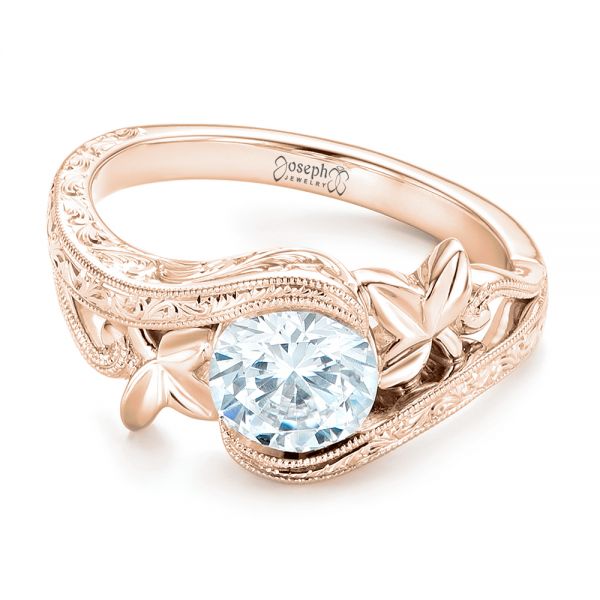 18k Rose Gold 18k Rose Gold Organic Leaf Solitaire Diamond Engagement Ring - Flat View -  102580