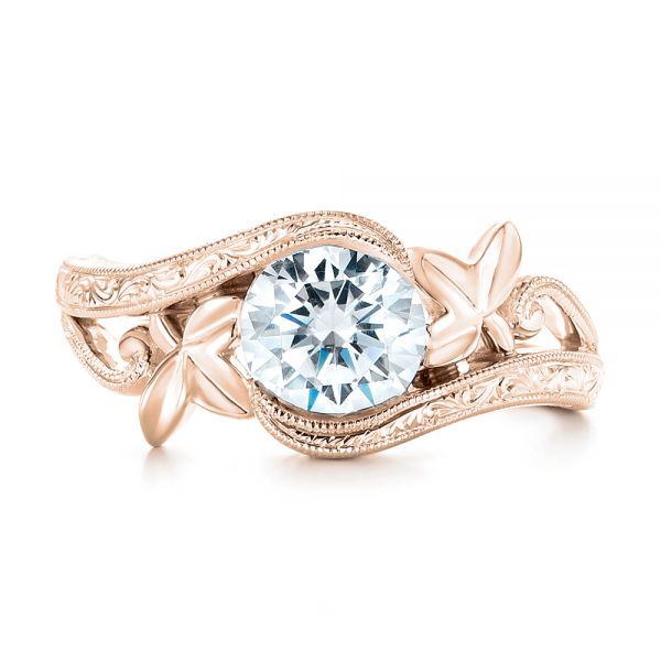18k Rose Gold 18k Rose Gold Organic Leaf Solitaire Diamond Engagement Ring - Top View -  102580