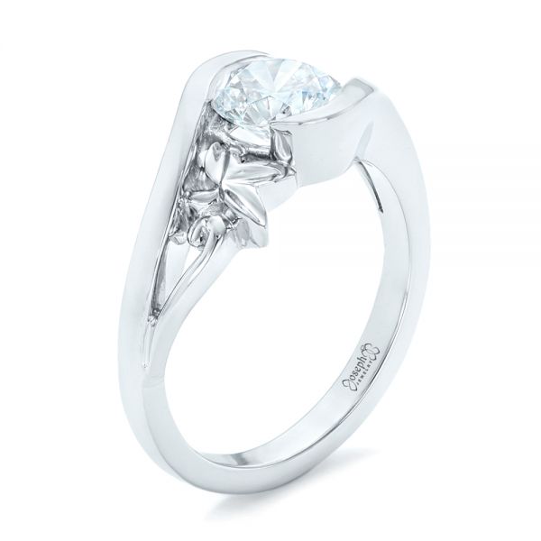 14k White Gold Organic Leaf Solitaire Diamond Engagement Ring - Three-Quarter View -  102411