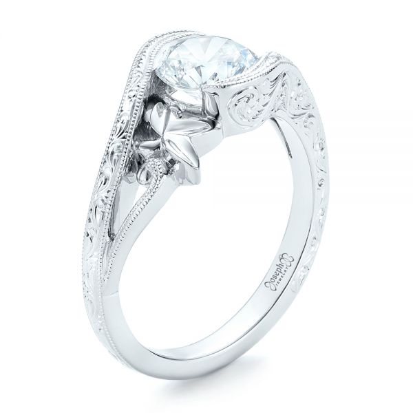 18k White Gold Organic Leaf Solitaire Diamond Engagement Ring - Three-Quarter View -  102580