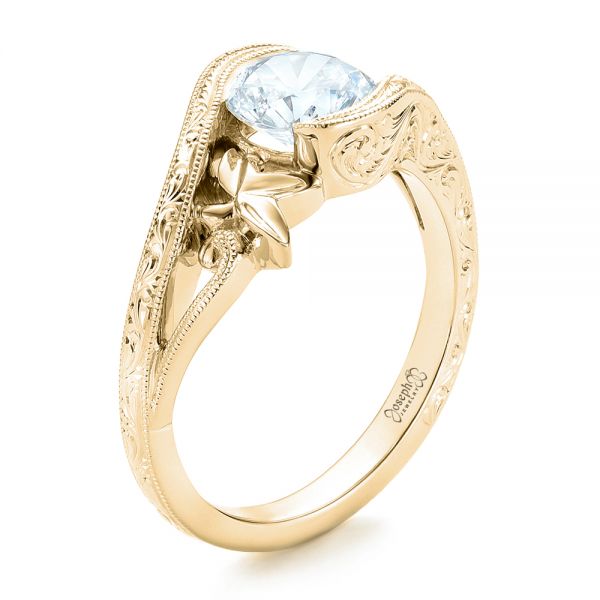 18k Yellow Gold 18k Yellow Gold Organic Leaf Solitaire Diamond Engagement Ring - Three-Quarter View -  102580
