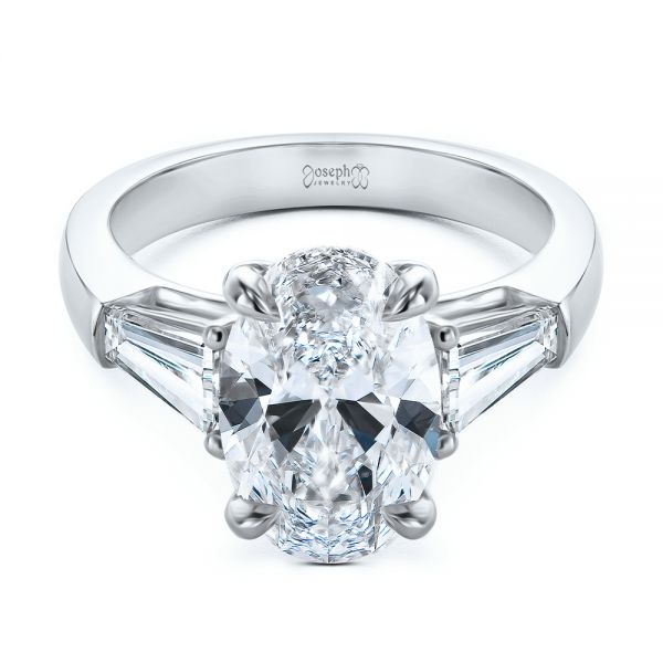 18k White Gold 18k White Gold Oval Diamond Engagement Ring With Tapered Baguette Accents - Flat View - 107618