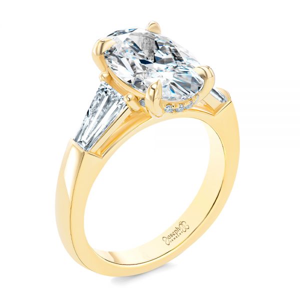 18k Yellow Gold 18k Yellow Gold Oval Diamond Engagement Ring With Tapered Baguette Accents - Three-Quarter View -  107618