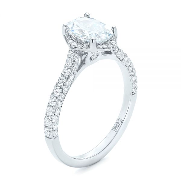 18k White Gold 18k White Gold Oval Diamond Halo And Pave Engagement Ring - Three-Quarter View -  102556