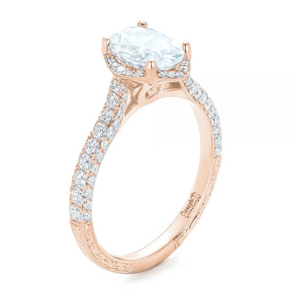 18k Rose Gold 18k Rose Gold Oval Diamond Halo And Pave Hand Engraved Engagement Ring - Three-Quarter View -  102506