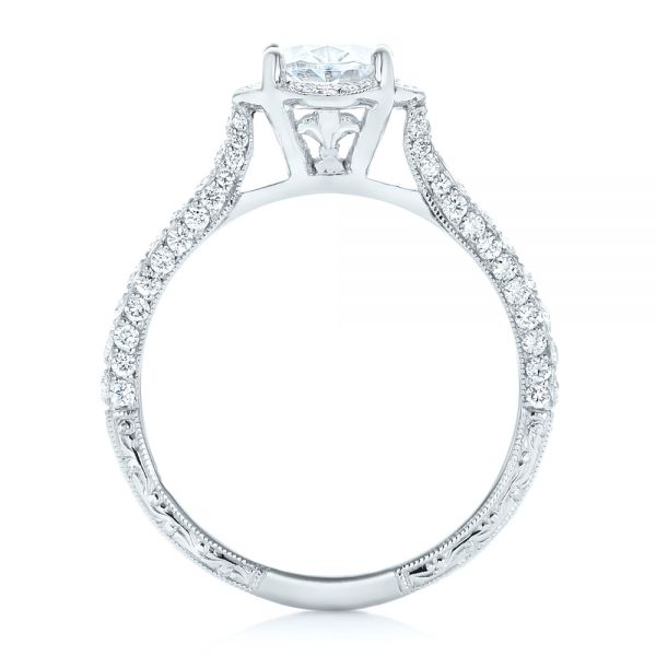 14k White Gold Oval Diamond Halo And Pave Hand Engraved Engagement Ring - Front View -  102506