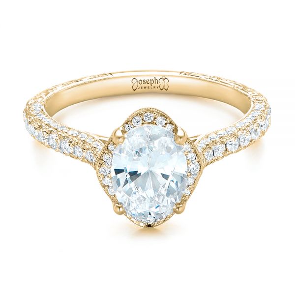 14k Yellow Gold 14k Yellow Gold Oval Diamond Halo And Pave Hand Engraved Engagement Ring - Flat View - 102506