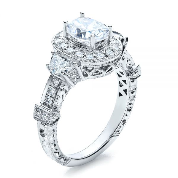 18k White Gold Oval Engagement Ring Half Moon Side Stones- Vanna K - Three-Quarter View - 100045