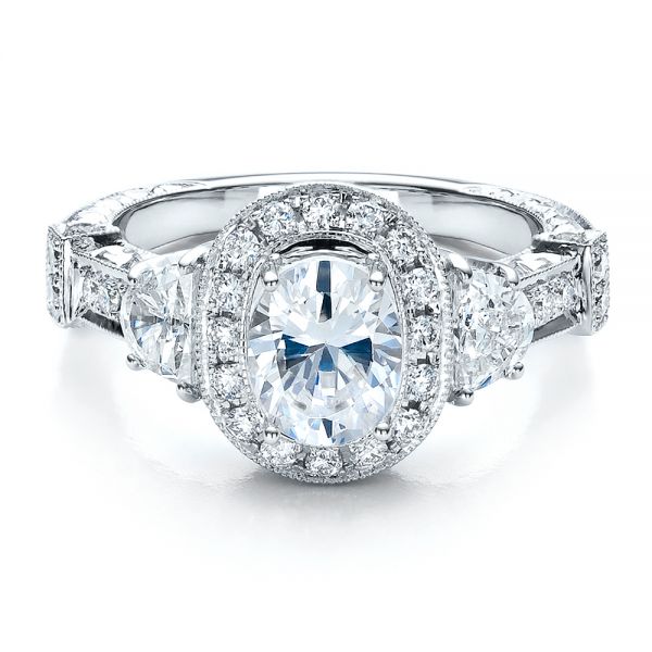 18k White Gold Oval Engagement Ring Half Moon Side Stones- Vanna K - Flat View - 100045
