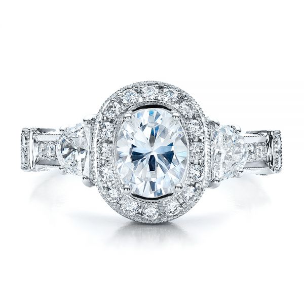 18k White Gold Oval Engagement Ring Half Moon Side Stones- Vanna K - Top View - 100045