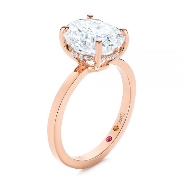 14k Rose Gold Oval Moissanite And Diamond Engagement Ring - Three-Quarter View - 105715