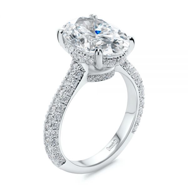  Platinum Oval Pave And Hidden Halo Diamond Engagement Ring - Three-Quarter View -  107606
