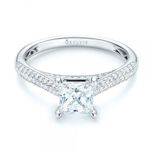 18k White Gold Pav Diamond Engagement Ring - Flat View -  103089