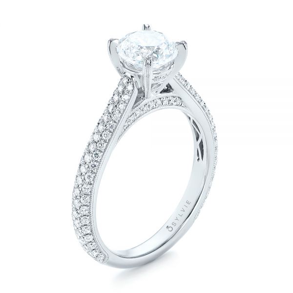 18k White Gold Pave Diamond Engagement Ring - Three-Quarter View -  103829