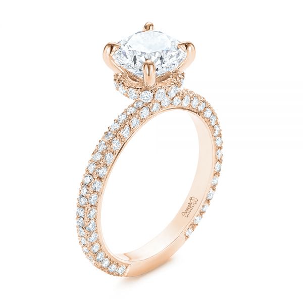 18k Rose Gold 18k Rose Gold Pave Diamond Hidden Halo Engagement Ring - Three-Quarter View -  105116