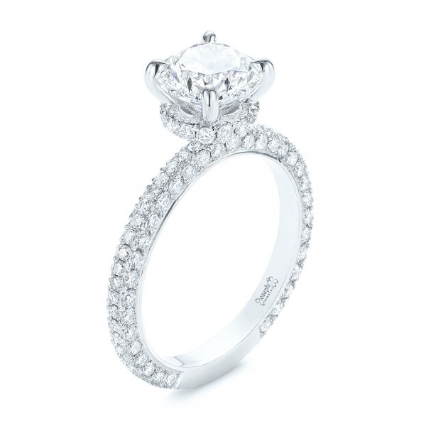 14k White Gold Pave Diamond Hidden Halo Engagement Ring - Three-Quarter View -  105116