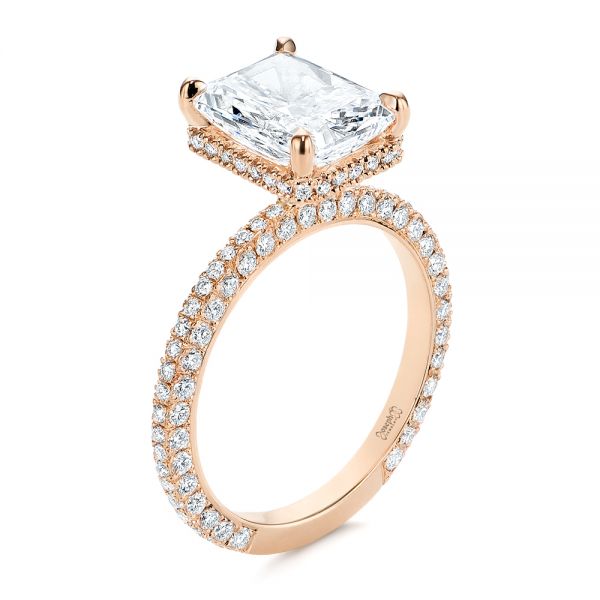 18k Rose Gold 18k Rose Gold Pave Diamond And Hidden Halo Engagement Ring - Three-Quarter View -  105789