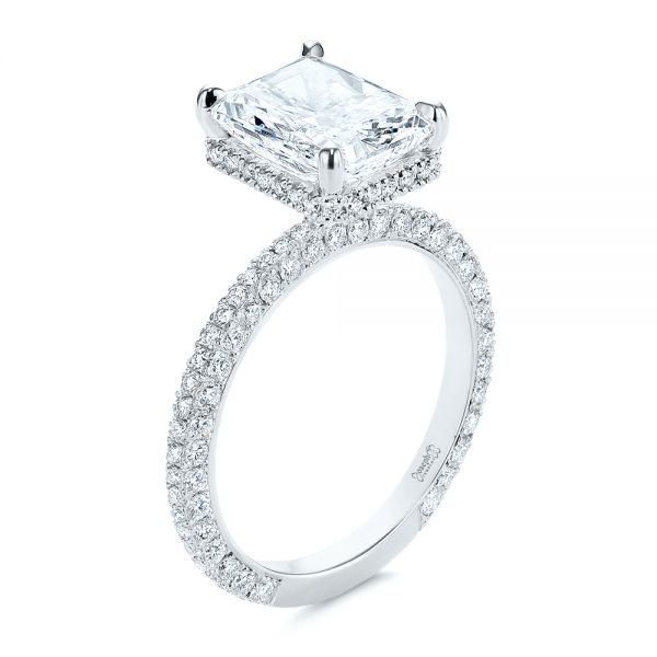 18k White Gold 18k White Gold Pave Diamond And Hidden Halo Engagement Ring - Three-Quarter View -  105789