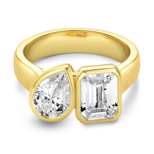 14k Yellow Gold Pear And Emerald Toi Et Moi Engagement Ring - Flat View - 108148