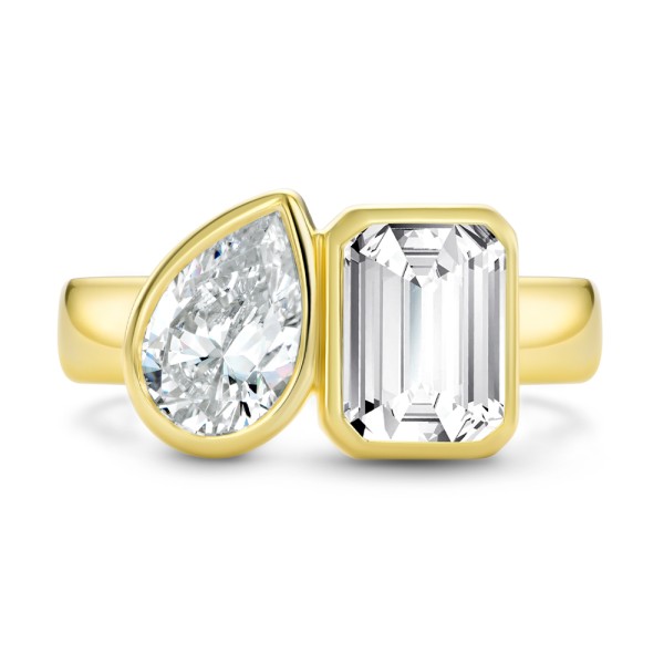 14k Yellow Gold Pear And Emerald Toi Et Moi Engagement Ring - Top View - 108148