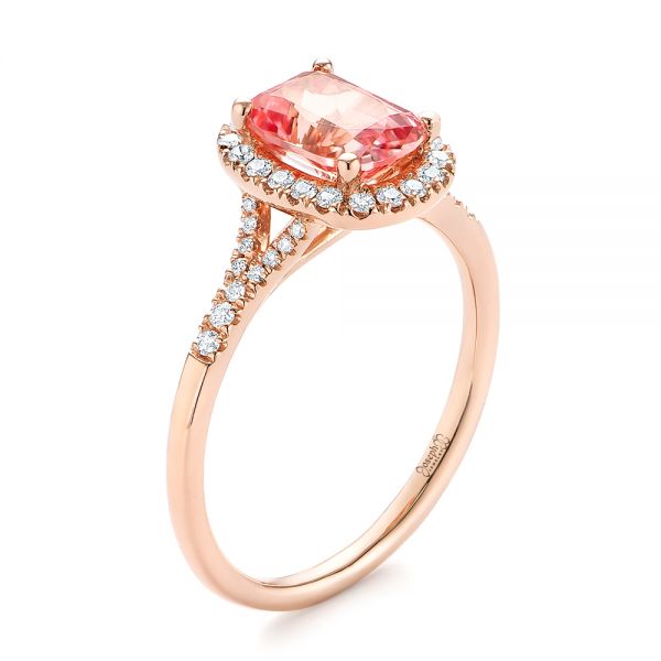 14k Rose Gold Pink Champagne Sapphire And Diamond Halo Engagement Ring - Three-Quarter View -  104657