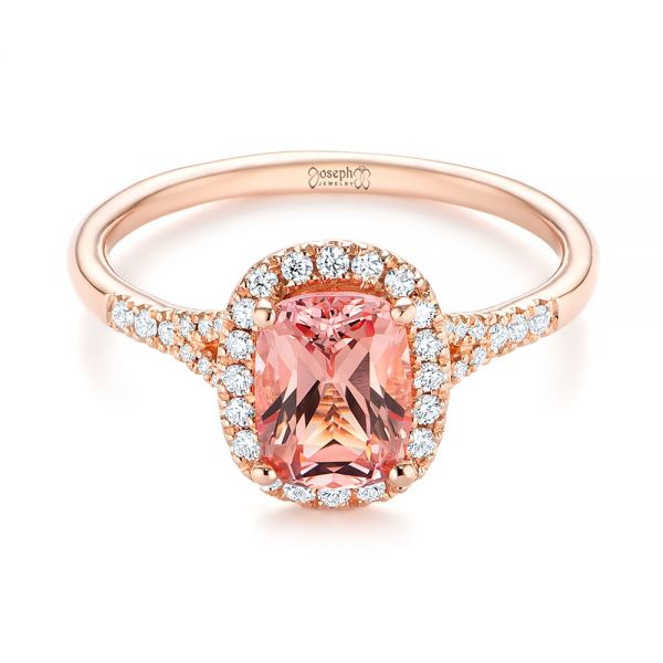 18k Rose Gold 18k Rose Gold Pink Champagne Sapphire And Diamond Halo Engagement Ring - Flat View -  104657