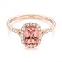 14k Rose Gold Pink Champagne Sapphire And Diamond Halo Engagement Ring - Flat View -  104657 - Thumbnail