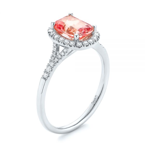 18k White Gold 18k White Gold Pink Champagne Sapphire And Diamond Halo Engagement Ring - Three-Quarter View -  104657