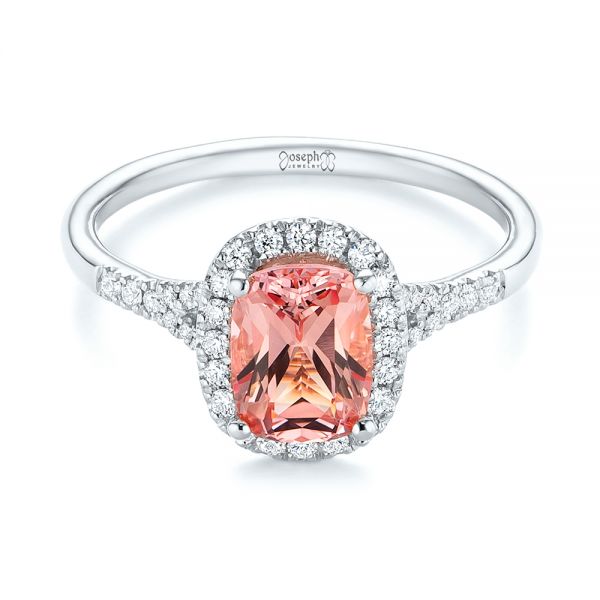 14k White Gold 14k White Gold Pink Champagne Sapphire And Diamond Halo Engagement Ring - Flat View -  104657