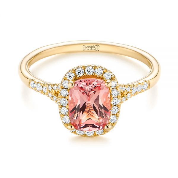 18k Yellow Gold 18k Yellow Gold Pink Champagne Sapphire And Diamond Halo Engagement Ring - Flat View -  104657