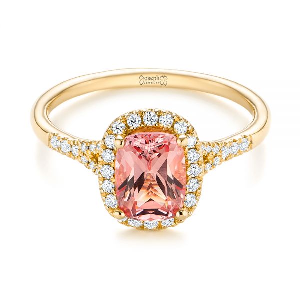 18k Yellow Gold 18k Yellow Gold Pink Champagne Sapphire And Diamond Halo Engagement Ring - Flat View - 104657