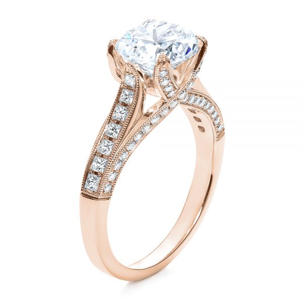 18k Rose Gold 18k Rose Gold Princess Cut Diamond Engagement Ring - Three-Quarter View -  195