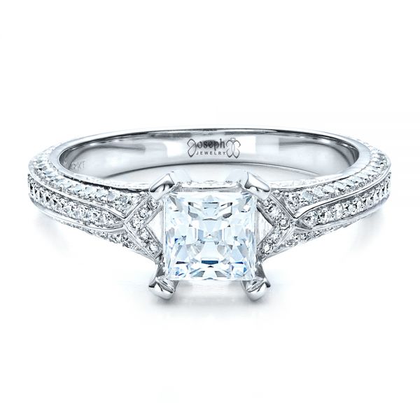 18k White Gold Princess Cut Pave Engagement Ring - Flat View -  1467