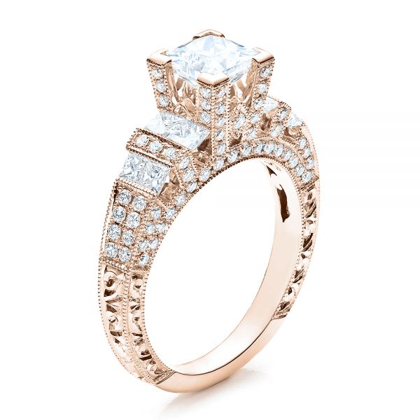18k Rose Gold 18k Rose Gold Princess Cut Side Stones Engagement Ring - Vanna K - Three-Quarter View -  100057