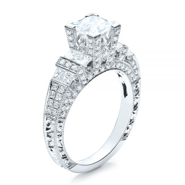 18k White Gold Princess Cut Side Stones Engagement Ring - Vanna K - Three-Quarter View -  100057