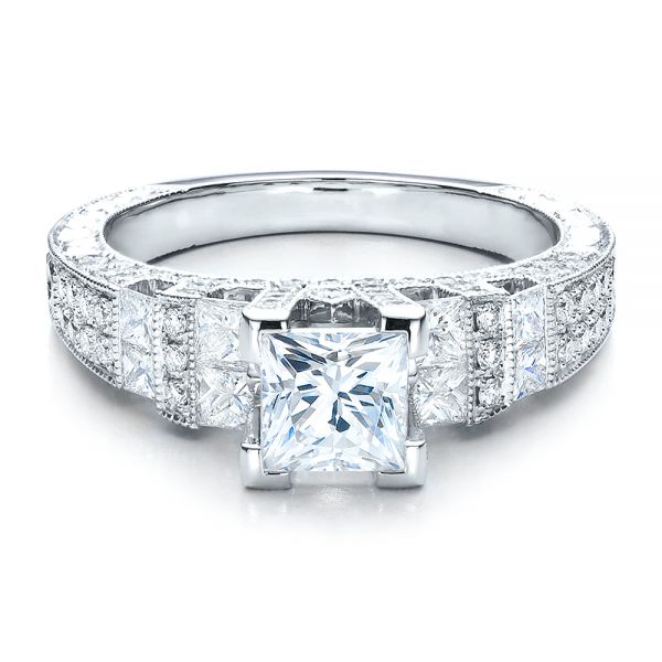 18k White Gold Princess Cut Side Stones Engagement Ring - Vanna K - Flat View -  100057