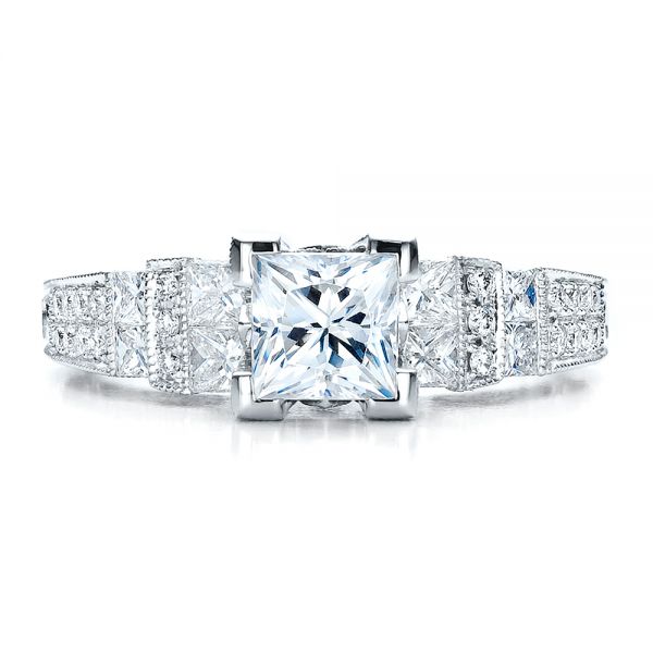 18k White Gold Princess Cut Side Stones Engagement Ring - Vanna K - Top View - 100057