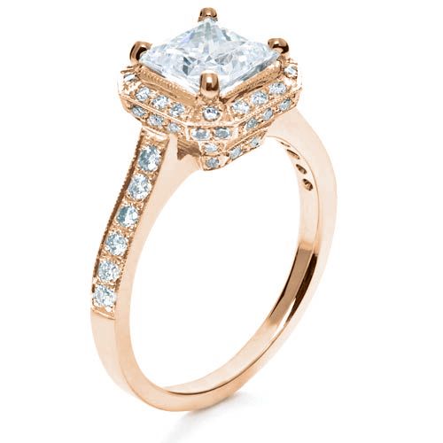14k Rose Gold 14k Rose Gold Princess Cut With Diamond Halo Engagement Ring - Three-Quarter View -  169