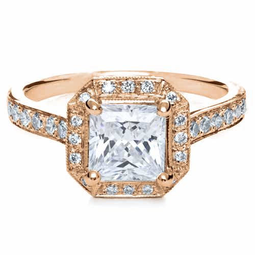 14k Rose Gold 14k Rose Gold Princess Cut With Diamond Halo Engagement Ring - Flat View -  169