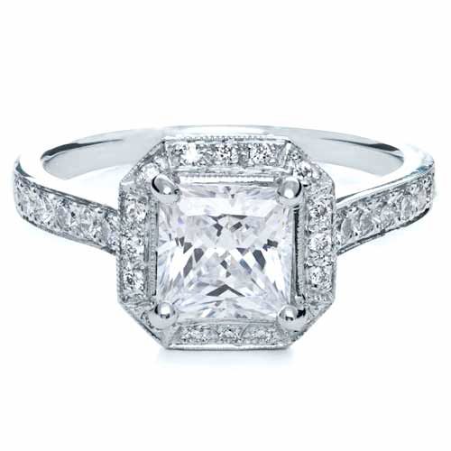 18k White Gold Princess Cut With Diamond Halo Engagement Ring - Flat View -  169
