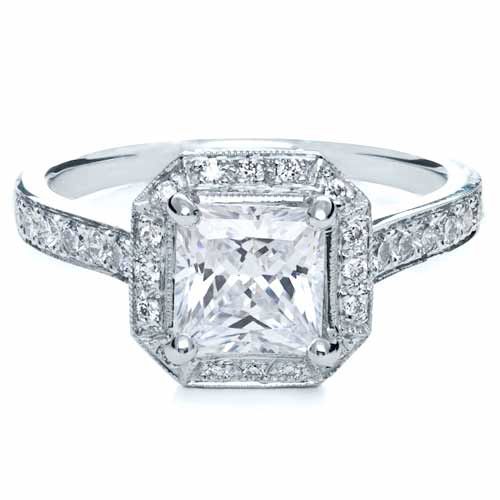 18k White Gold Princess Cut With Diamond Halo Engagement Ring - Flat View - 169