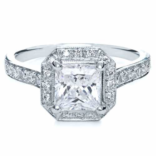 14k White Gold 14k White Gold Princess Cut With Diamond Halo Engagement Ring - Flat View -  169