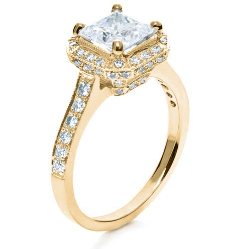 14k Yellow Gold 14k Yellow Gold Princess Cut With Diamond Halo Engagement Ring - Three-Quarter View -  169